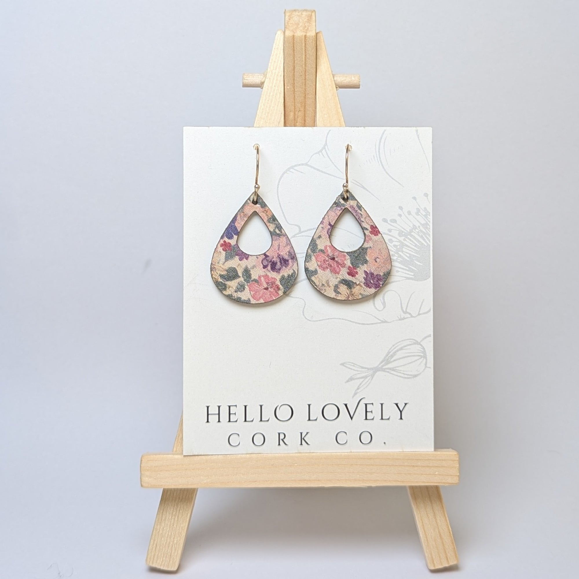 Pink Pansies Cork Earrings - Small Teardrop